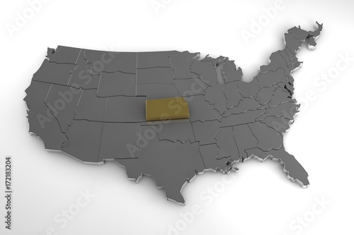 United States of America  3d metallic map  with Kansas state highlighted. 3d render