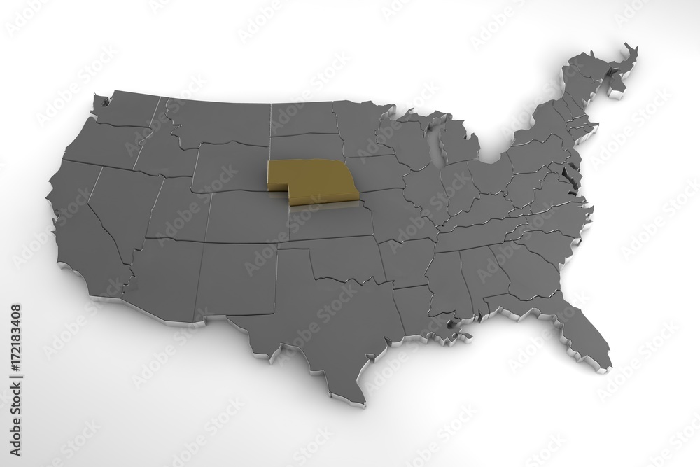 United States of America, 3d metallic map, whith Nebraska state highlighted. 3d render