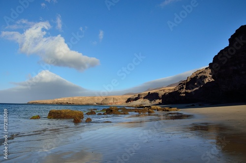 Beautiful beach with intense blue sky, Las coloradas, Fuerteventura island