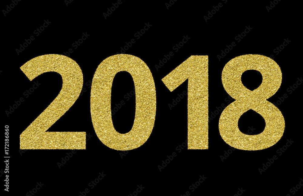 2018 of gold glitter on black background, symbol of New Year for your greeting card design. 2018 of gold glitter on black background, symbol of New Year for your greeting card design.