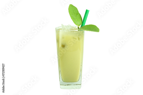 Wallpaper Mural Green smoothies, green guava juice with ice and guava leaf, green straw isolated on white background Torontodigital.ca
