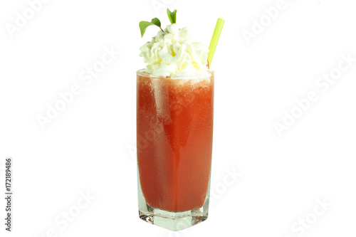 Watermelon, strawberry smoothies, red juice with whip cream, leaf ans straw isolated on white background