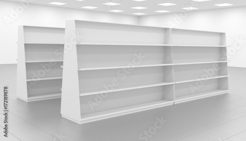 sketch  the concept of an empty store  store equipment  stacked shelves without goods   3d render  3d illustration