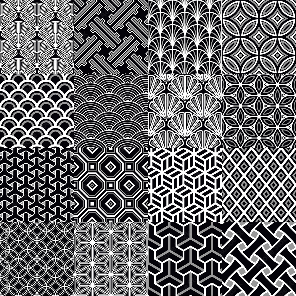 Set of japanese monochrome patterns. Vector Illustration