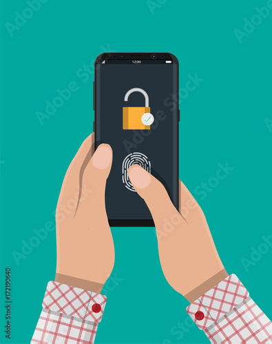 Locked smartphone with padlock and fingerprint