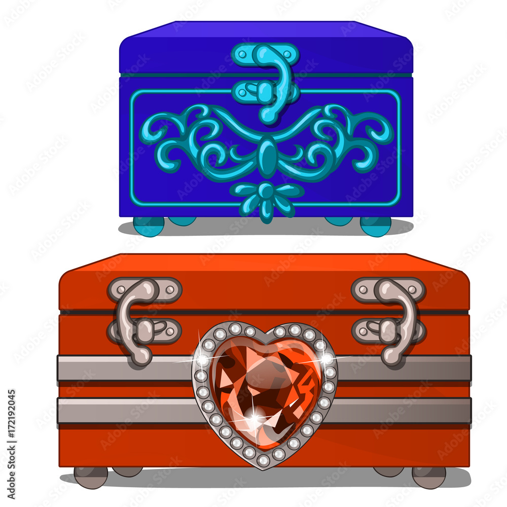 Blue box with ornament and red box with ruby heart. Female casket for accessories and jewelry. Image in cartoon style. Vector illustration isolated on white background