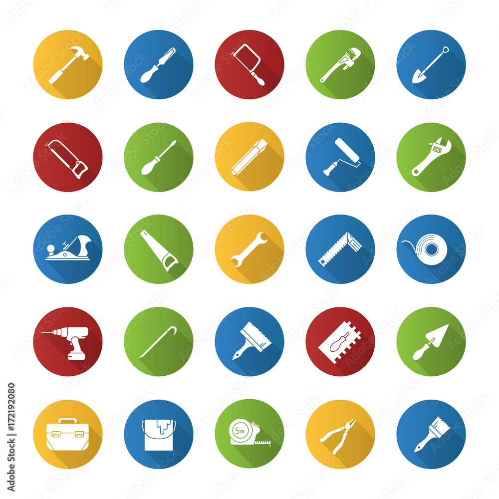 Construction tools flat design long shadow glyph icons set Construction tools flat design long shadow glyph icons set