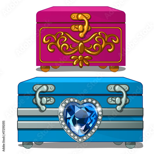 Pink box with gold decoration and lock and blue box with sapphire heart. Female casket for accessories in cartoon style. Vector illustration isolated on white background
