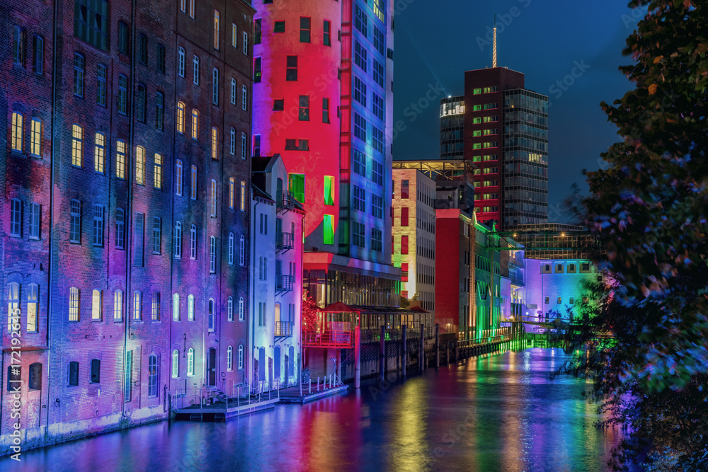 illuminated night view of the city of Harburg and the inner harbour