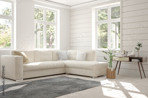 Idea of white room with sofa and summer landscape in window. Scandinavian interior design. 3D illustration