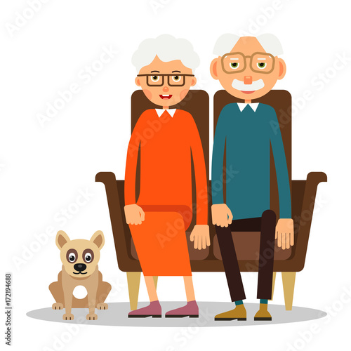 On the sofa sit elderly woman, man and dog. Family portrait of elderly with animal. Married couple of pensioners at home on couch with a pet. Illustration in flat style. Isolated
