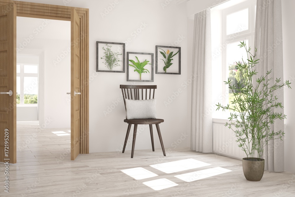 White room with chair and green landscape in window. Scandinavian interior design. 3D illustration White room with chair and green landscape in window. Scandinavian interior design. 3D illustration
