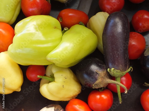 Set of vegetables on dark background.Paprika, eggplants & tomatos
