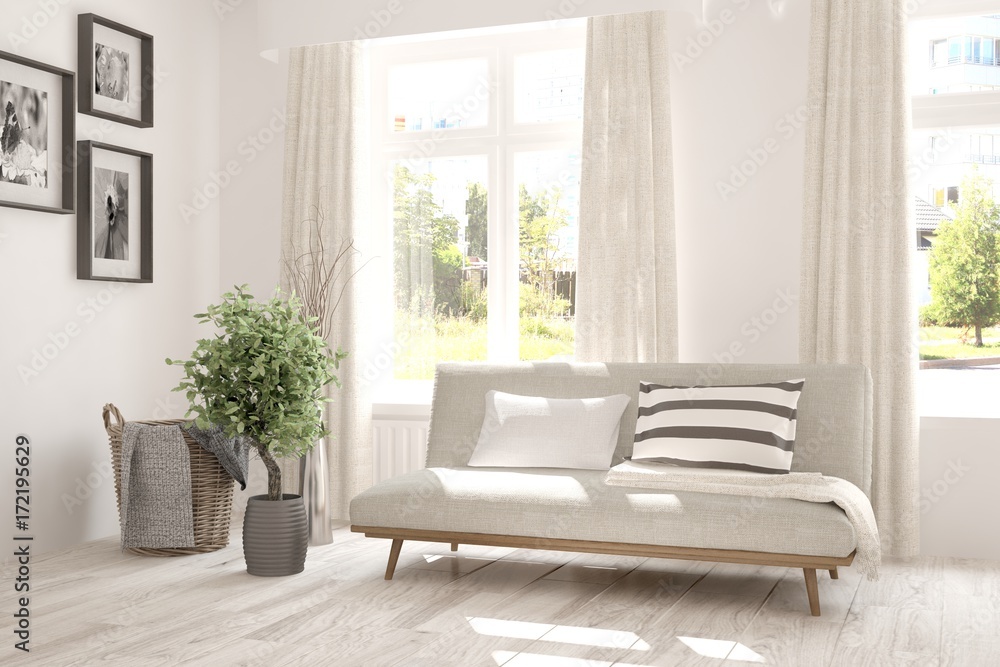 Fototapeta premium Idea of white room with sofa and summer landscape in window. Scandinavian interior design. 3D illustration