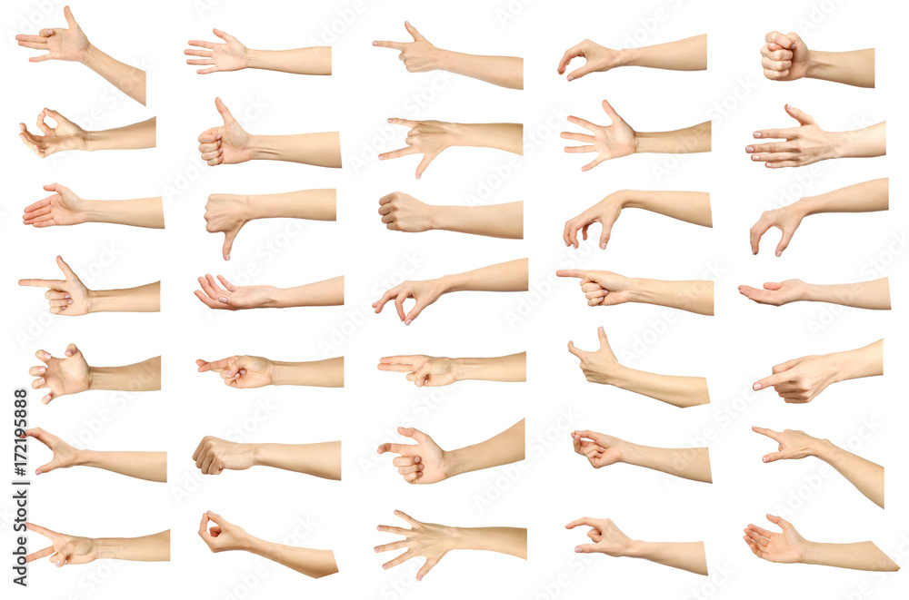 Multiple images set of female caucasian hand gestures isolated Multiple images set of female caucasian hand gestures isolated