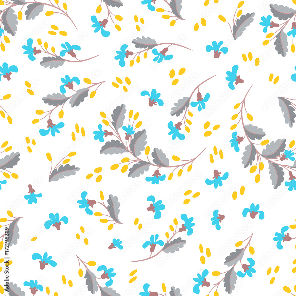 Small flowers, berries, leaves on a white background. Floral seamless pattern. Cute vintage background. Prints for textiles.