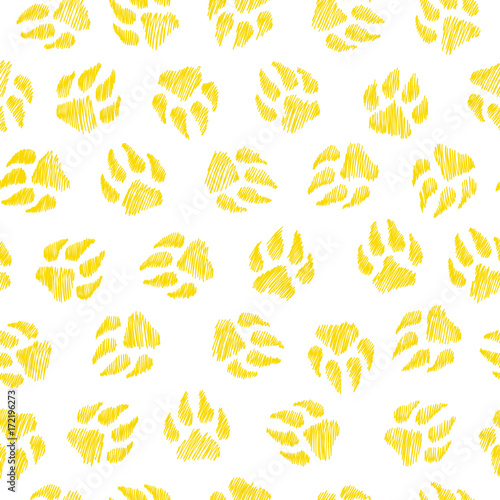 Dog footprint - seamless pattern. Cute vintage print. Handmade. Yellow and white colors. Simple cartoon background.