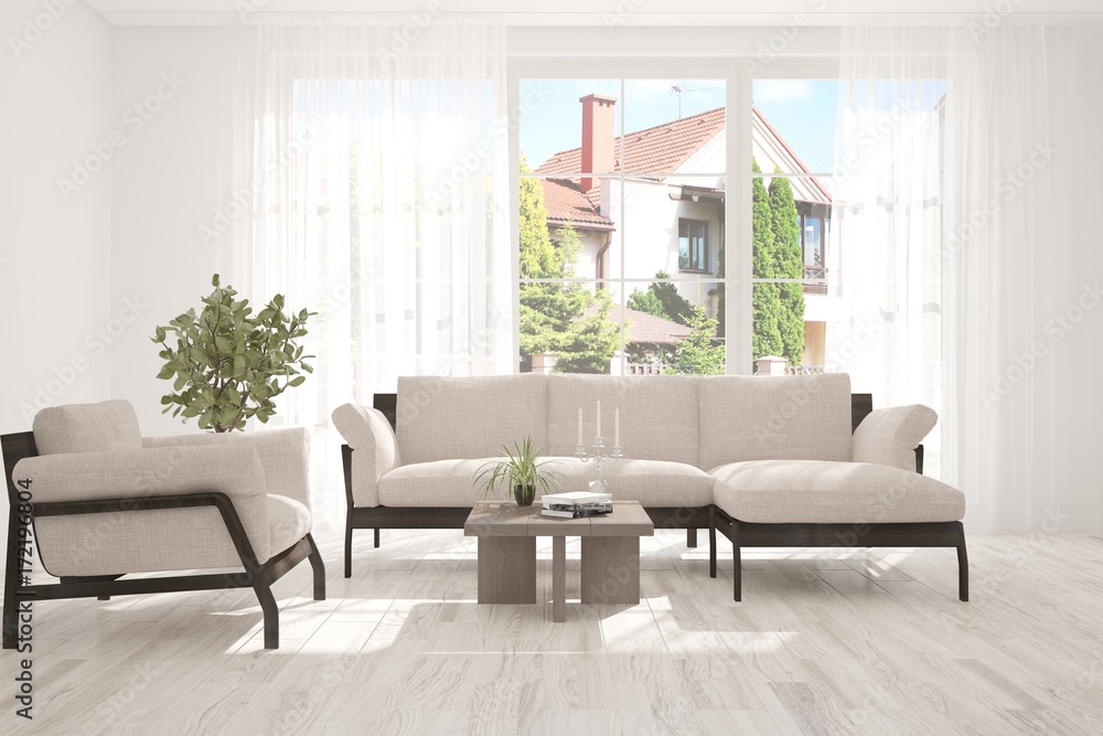 Idea of white room with sofa and summer landscape in window. Scandinavian interior design. 3D illustration Idea of white room with sofa and summer landscape in window. Scandinavian interior design. 3D illustration