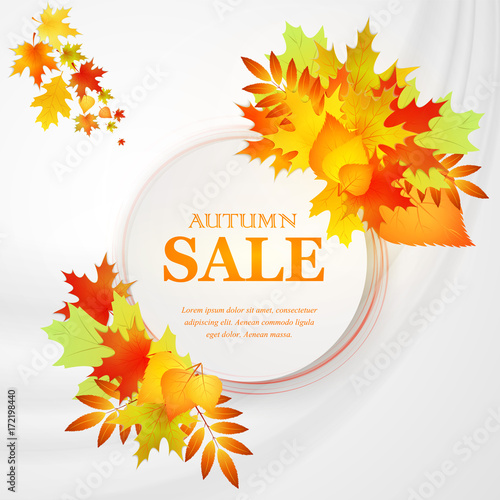 Advertising discount banner with fallen leaves. Autumn sale hand drawn. Vector illustration