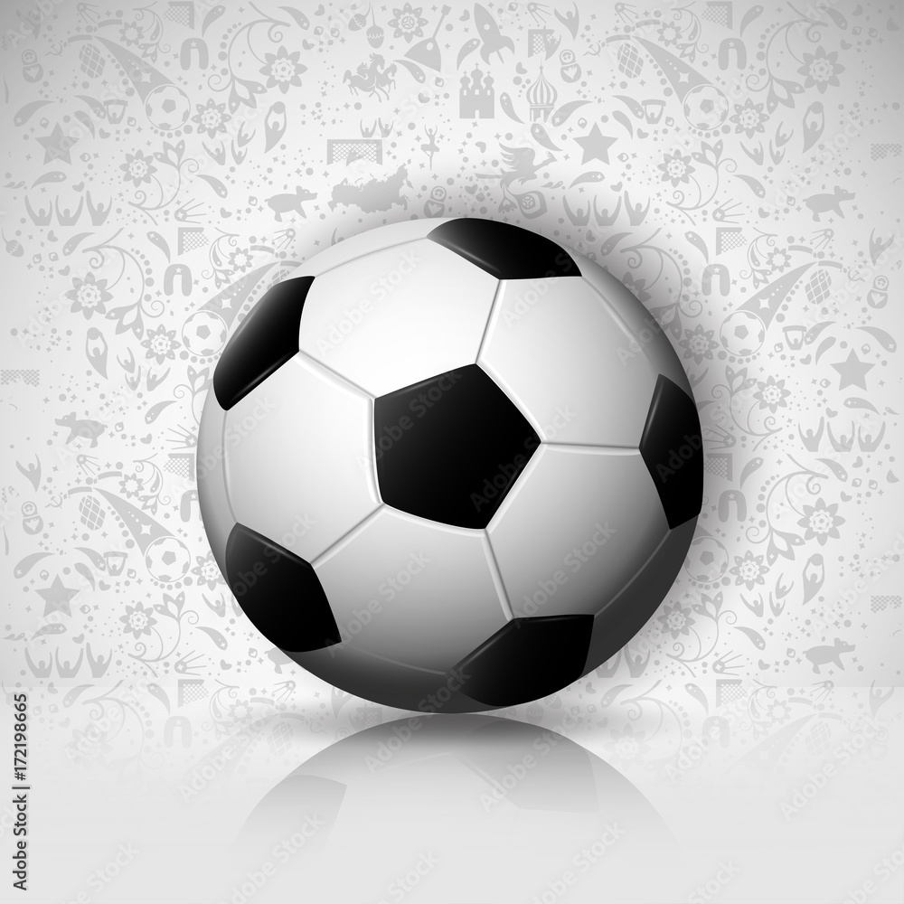 eps10 vector 3d football ball isolated on gray ornament background with mirror reflection. Editable sport poster for web, print. Russia World soccer 2018 advertising banner. Sport event presentation eps10 vector 3d football ball isolated on gray ornament background with mirror reflection. Editable sport poster for web, print. Russia World soccer 2018 advertising banner. Sport event presentation