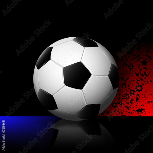 eps 10 vector 3d football ball isolated on colorful ornament background  mirror reflection. Russian flag colors. Editable sport poster for web  print. Russia World Soccer 2018 advertising sport banner