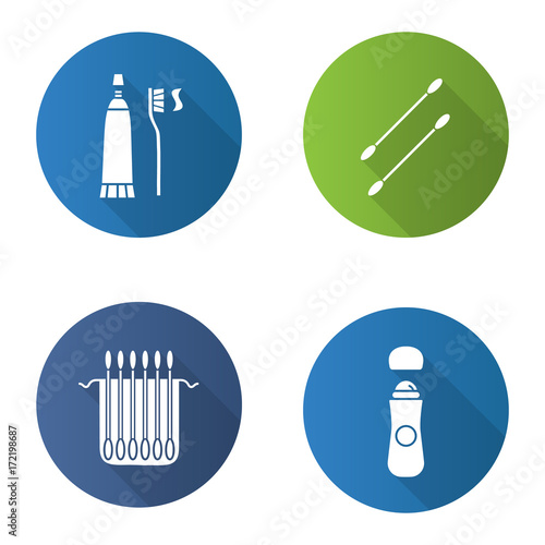 Hygienic products flat design long shadow glyph icons set