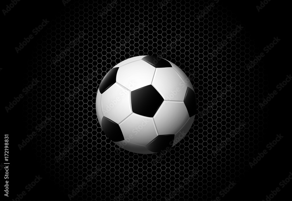 Obraz premium eps 10 vector 3d football ball isolated on football net background. soccer ball isolated on black. Editable sport poster for web, print. Russia World Soccer 2018 advertising poster. Sport event banner