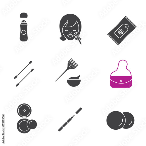 Cosmetics accessories glyph icons set photo