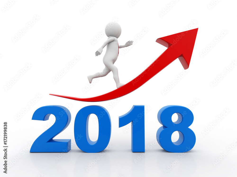 business graph with arrow up and 2018 symbol, represents growth in the new year 2018, business man running on 2018, 3D illustration business graph with arrow up and 2018 symbol, represents growth in the new year 2018, business man running on 2018, 3D illustration