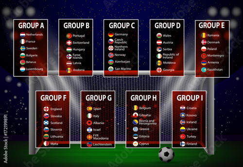 eps 10 vector Russia 2018 football competition schedule poster for web, print. World soccer tournament banner. Ball near football goal on green grass full stadium arena background, spotlights light