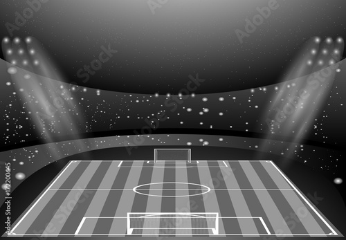 eps 10 vector black and white Russia football advertising poster for web, print. World soccer tournament 2018 competition banner. Soccer field, full stadium and spotlights. Sport event design concept