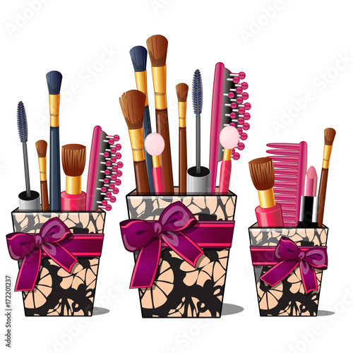 Makeup brushes, mascara, comb in box with pink bow. Womens cosmetic stuff, beauty salon concept. Female beauty product in cartoon style. Vector illustration isolated on white background