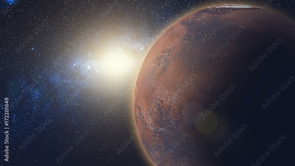 Obraz premium Sunrise view on Mars in sun beams from space. Red Planet close up rotate, spinning on its axis in black Universe of stars. High detail 3D animation. Elements of this image furnished by NASA
