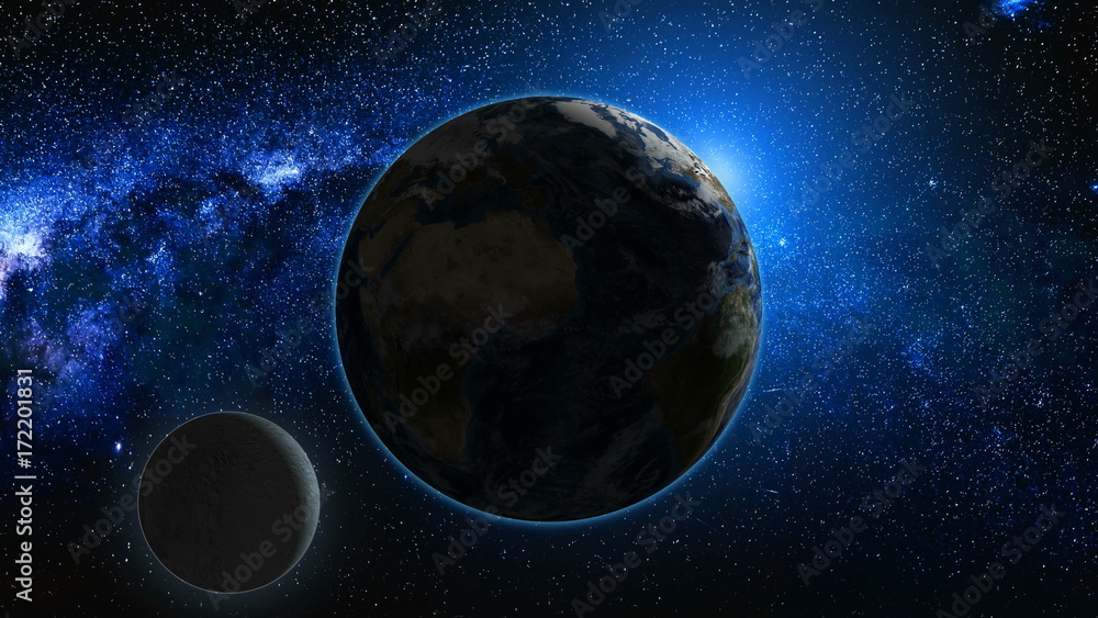 Fototapeta premium Sunrise view from space on Planet Earth and Moon. Milky way with thousand stars in the background. High detailed 3D animation. Elements of this image furnished by NASA. Astronomy and science