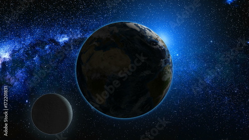 Fototapeta Naklejka Na Ścianę i Meble -  Sunrise view from space on Planet Earth and Moon. Milky way with thousand stars in the background. High detailed 3D animation. Elements of this image furnished by NASA. Astronomy and science