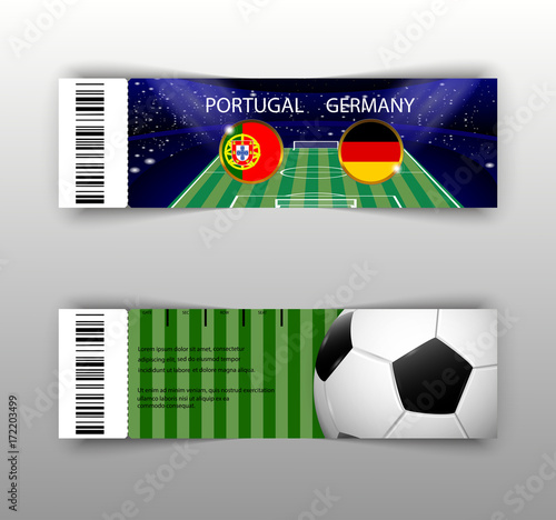 eps 10 vector football ticket layout template set with barcode. Front, back flyer side isolated on gray. Russia football cup 2018 editable promotion material for web, print. Soccer world sport event