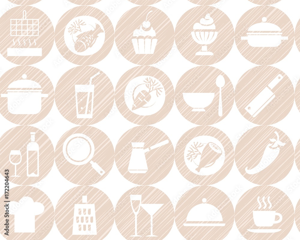 Kitchen, cooking, background, seamless, pink-grey, vector. Circular icons with food, drinks and utensils the painted strokes on white background. Hatching pink grey pencil simulation. Vector pattern. 