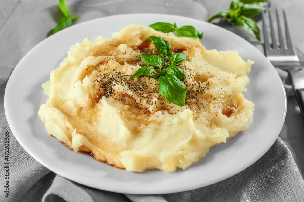 Plate with mashed potatoes on cloth Plate with mashed potatoes on cloth