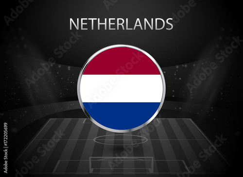 eps 10 vector Netherlands flag button isolated on black and white stadium background. Dutch national symbol in silver chrome ring. State logo sign for web, print. Original color graphic design concept