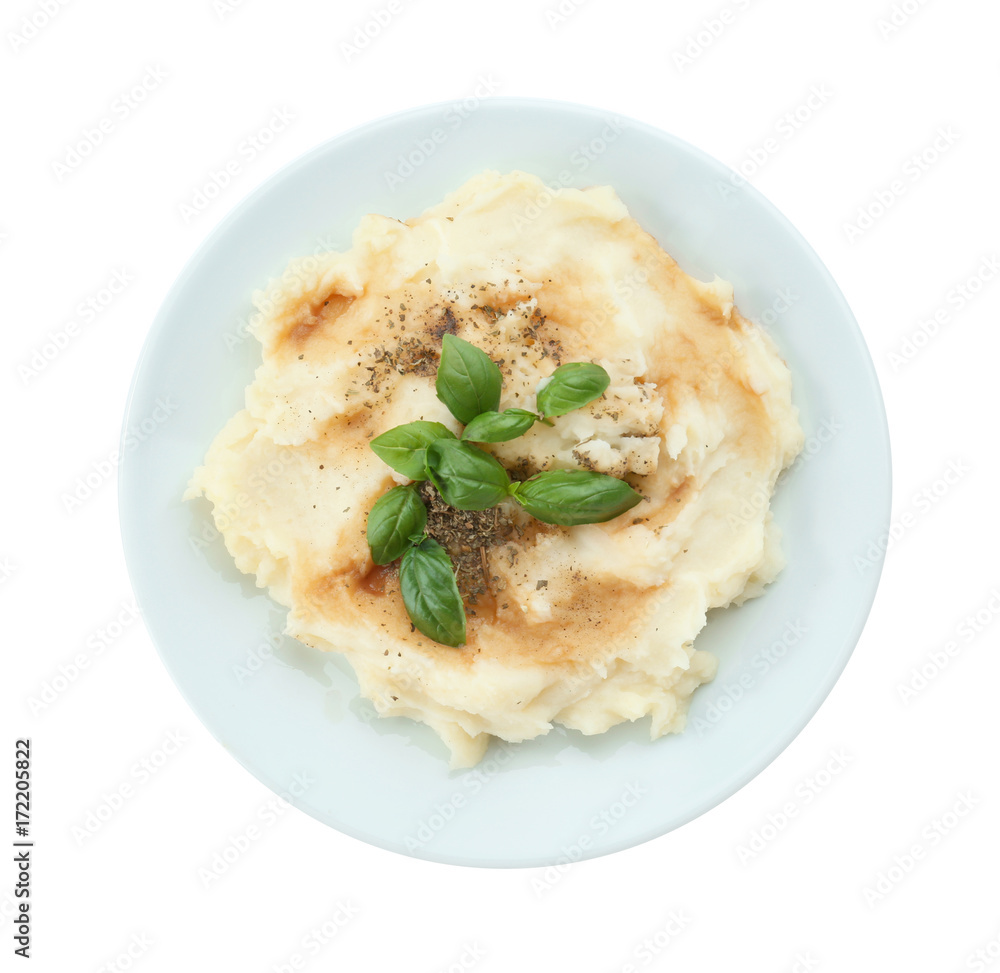 Mashed potatoes in plate, isolated on white
