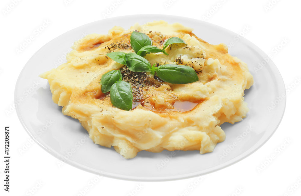 Mashed potatoes in plate, isolated on white