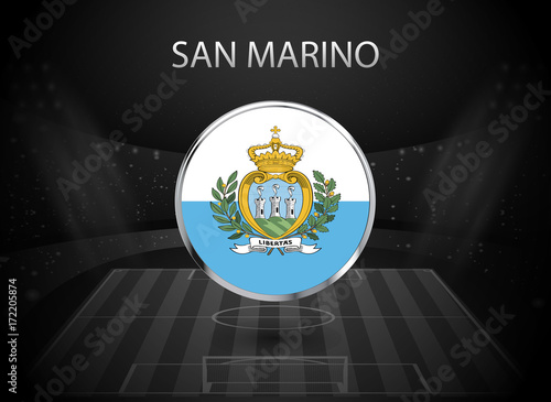 eps 10 vector San Marino flag button isolated on black and white stadium background. Sammarinese national symbol in silver chrome ring. State logo sign for web, print. Original colors design concept