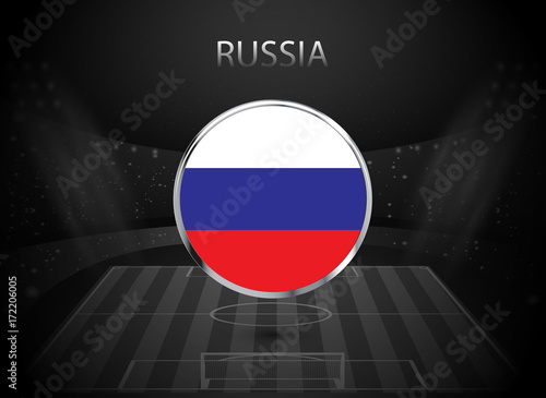 eps 10 vector Russia flag button isolated on black and white stadium background. Russian national symbol in silver chrome ring. State logo sign for web, print. Original color graphic design concept