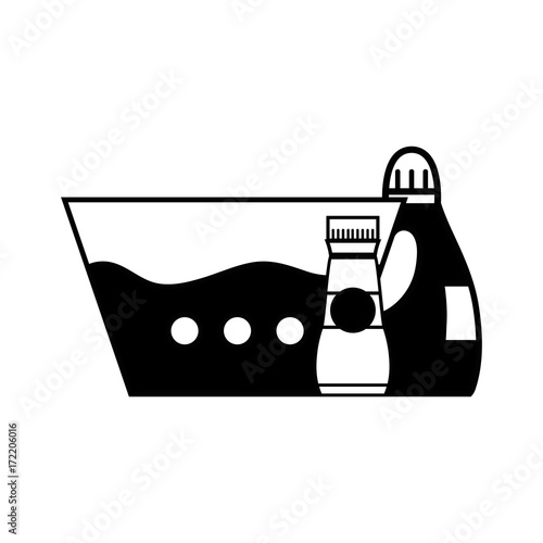contour water pail with detergent liquid and softener bottle vector illustration
