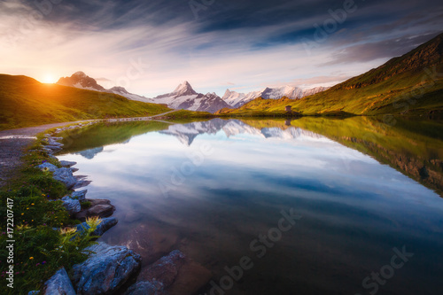 Panorama of Mt. Schreckhorn and Wetterhorn above Bachalpsee lake. Location place Swiss alps, Bernese Oberland, Grindelwald, Europe.