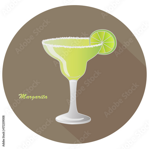 Hand drawn vector of a Margarita alcohol tequila and triple sec cocktail with a citrus lime slice decoration with salt on the rim of margarita glass, in a brown circle with a shadow 