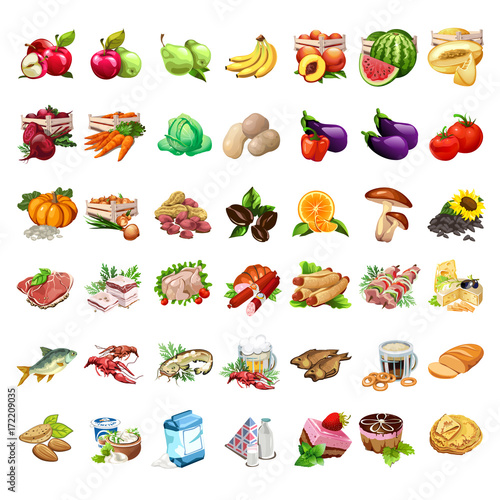 Fruits, vegetables, meat products, beer, snack, milk and dessert set. 42 icons of food in cartoon style. Big vector collection for eat, cook design projects. Illustration isolated on white background