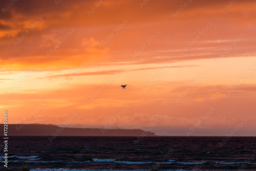 Flying drone over sea and cloud sky Flying drone over sea and cloud sky