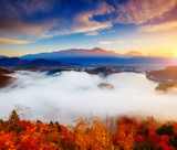 Aerial view of the island on alpine lake Bled. Location place Julian Alps, Slovenia, Europe.