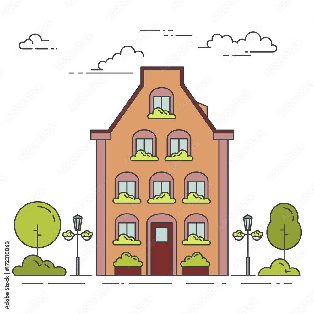 City landscape with house, trees and clouds. Vector illustration. Flat line art style.